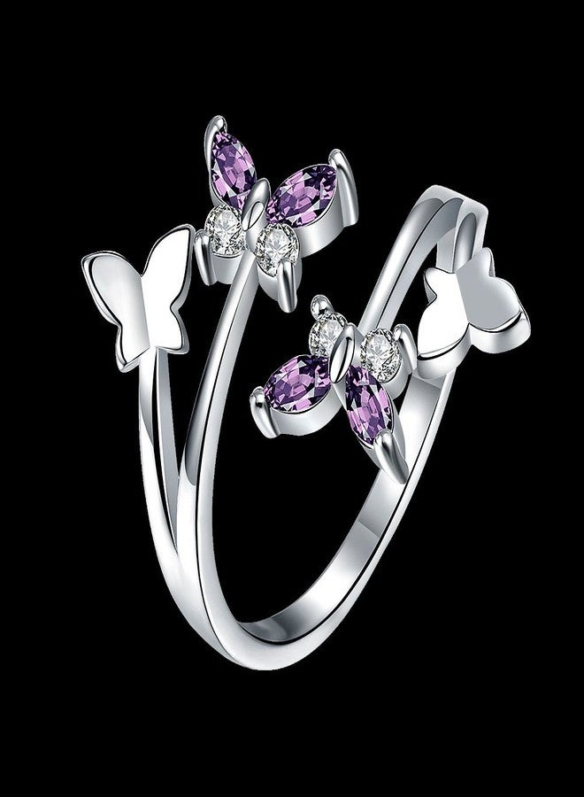 MAIHAO Women's Adjustable Size 925 Sterling Silver Butterfly White Birthstone CZ Butterfly Shape Purple Austrian Crystals Rings - Image 3